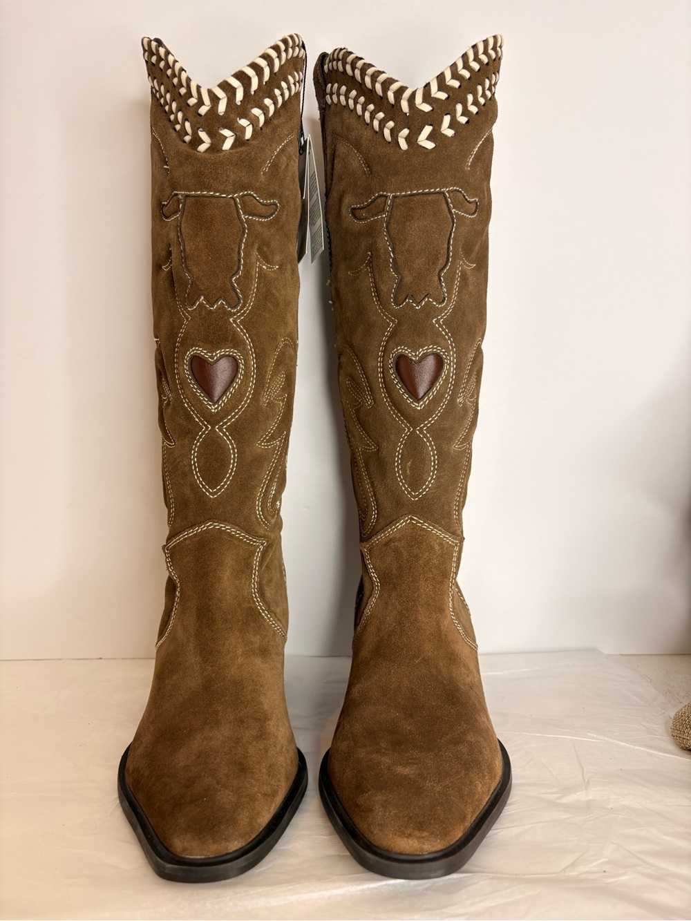 Zara Brown Suede Western Boots with quilted western Heart Detail